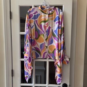 eesome Multicolor Abstract Print Long Sleeve Blouse - Purple, Orange, Green